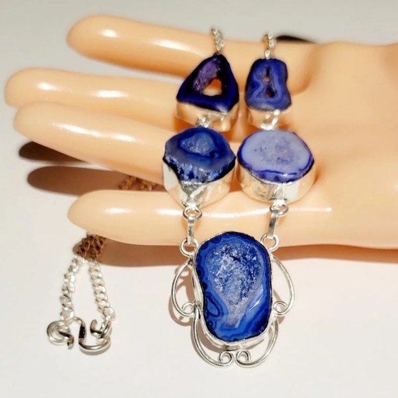 Natural Druzy 925 Silver Necklace - Picture 2 of 8